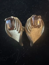 Trifari Vintage Crown Clip Earrings Gold with Citrine Colored Stones Signed