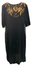 STENAY Vintage 80s Black Silk Beaded Dress NEW S Gold Sequin Floral Leaf Party