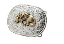 Western Belt Buckle Silver Tone Gold Horse Rodeo Cowboy Equestrian EUC
