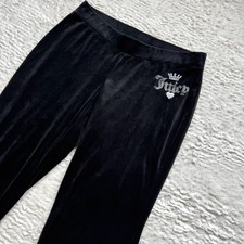 Juicy Couture Velour Track Pants Sweats L Black Velour Bling Cozy Retro Y2K Glam