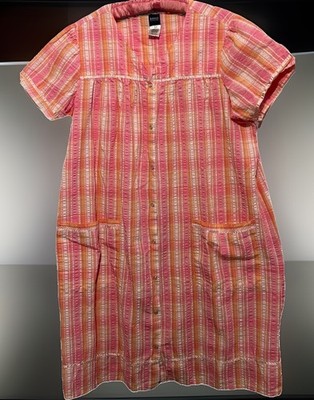 Basic Editions Robe L House Dress Pink Orange Seersucker Snap Front Housecoat
