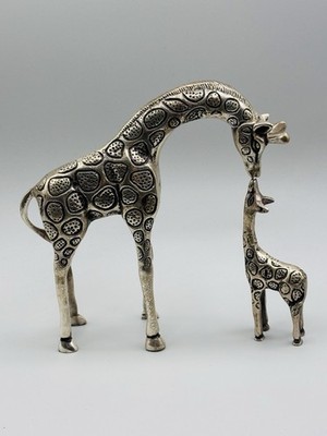 Vintage MCM Mother Giraffe with Baby Brass Figurines Silver w/ Black Accents