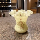 Vintage Fenton Pink Blossoms Signed Vase Satin Custard 6.25” tall
