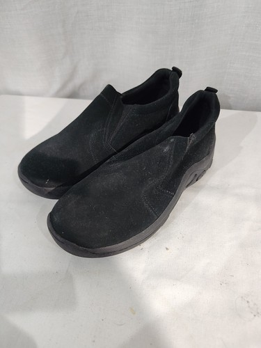 Ladies black faux suede flat slip on low top shoes with elastic gussets size 3
