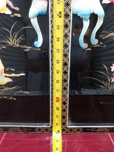 Antique Asian Wall Panels Mother Of Pearl Geisha Art 4 Black Lacquer 36×12" Wood - Picture 13 of 23