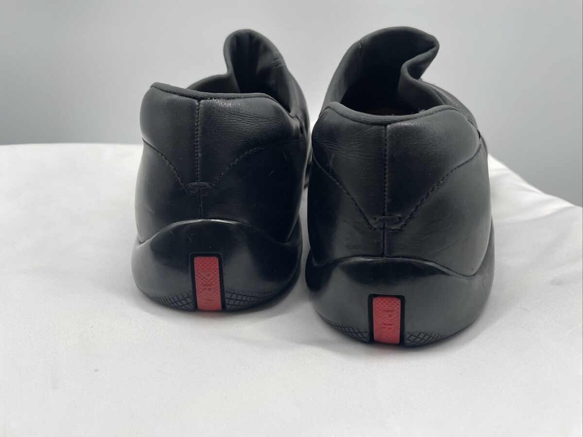 Prada Men's Black Leather Moc Elastic Strap Bunjee Cord Prada Men's Black Leather Moc Elastic Strap Bunjee Cord