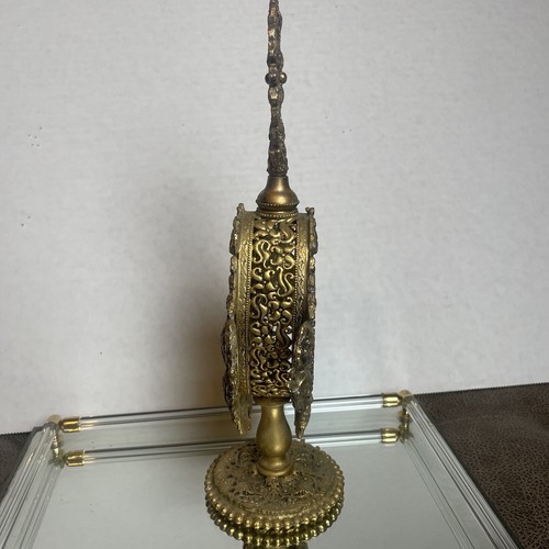 Antique Victorian Brass Ormolu Amber Glass 10.5x5 Ornate Filigree Perfume Bottle - Picture 5 of 14