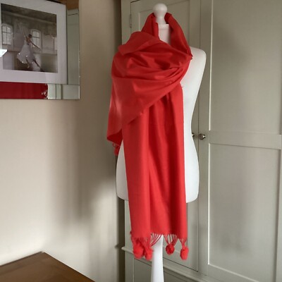 WINTER LIGHT ORANGE CASHMERE LONG SCARF WITH FUR POM UK