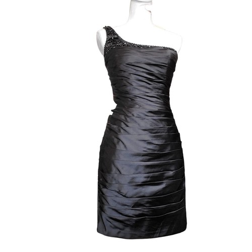 Y2K Black Satin One Shoulder Cocktail Dress Ruched Beaded LBD Sz 4 Knee Length - Picture 2 of 12