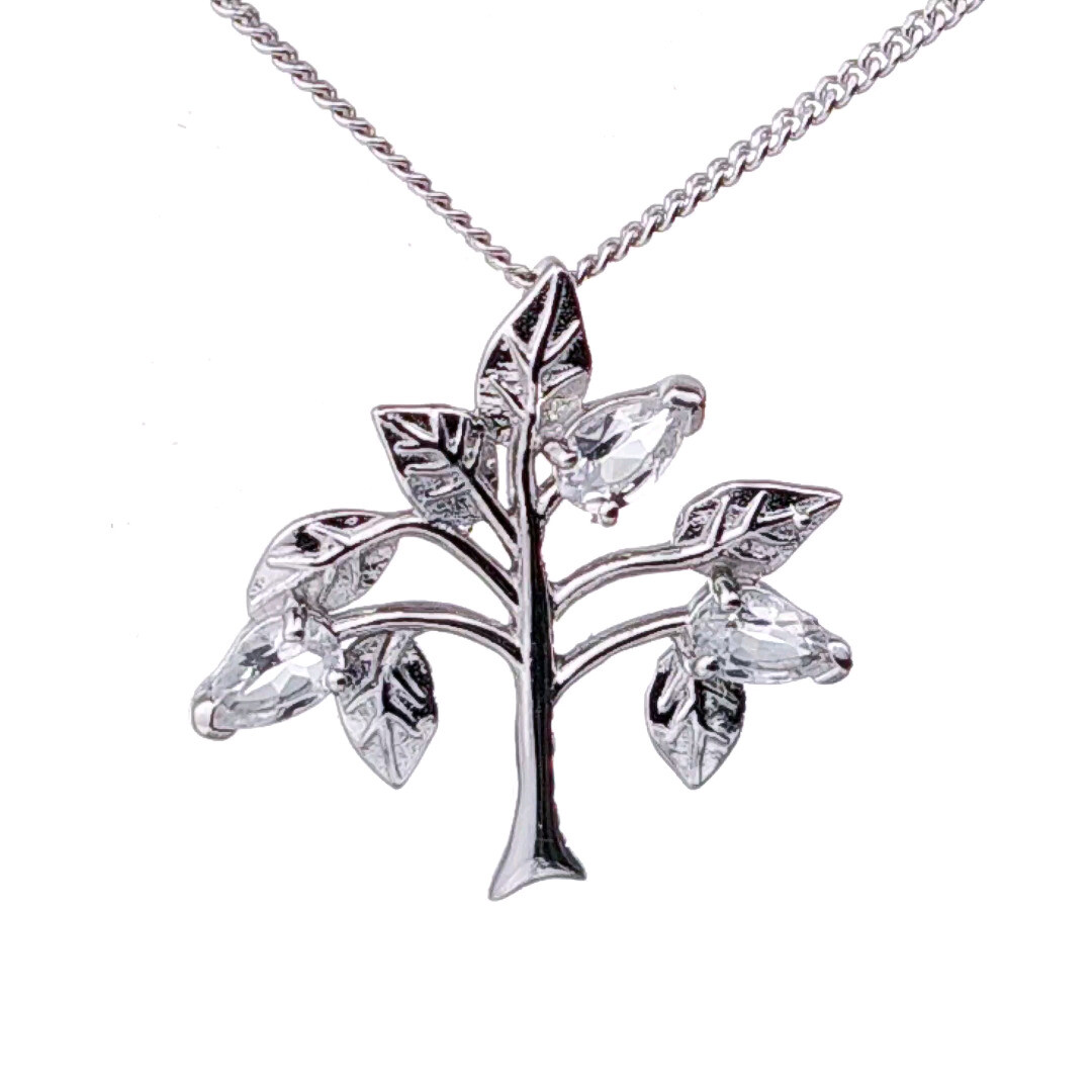 Natural Topaz Necklace Sterling Silver Tree of Life White Gemstone Handmade