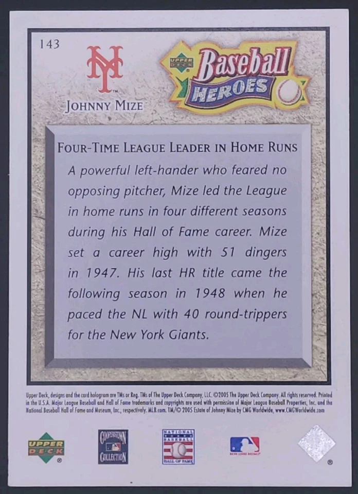 JOHNNY MIZE 2005 Upper Deck Baseball Heroes #/575 Giants Cardinals Yankees #143 - Image 2 of 2