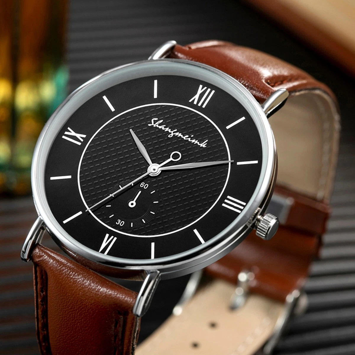 Men Minimalist Stainless Steel Watch Slim Leather Band Strap Casual Quartz Watch