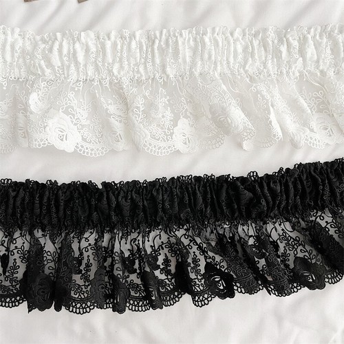 Women French Style Lace Belt Ruffle Wide Waistband Elastic Waist Accessory Black - Picture 9 of 13