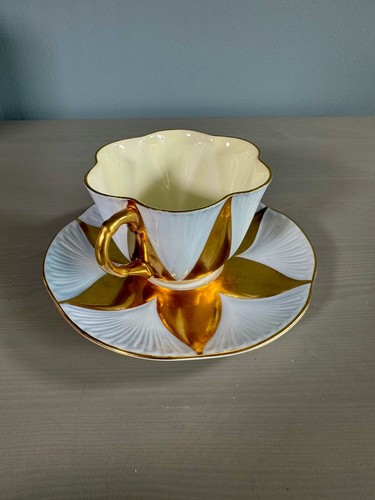 Shelley Harlequin Dainty Shape Cup And Saucer Pale Blue And Gold RARE - Picture 10 of 13