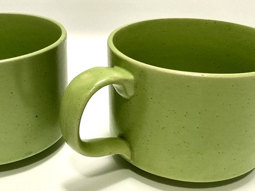 Vintage Stoneware Green Speckled Soup Bowl Mugs Hand Painted Flower Set Of 2 - Picture 8 of 16