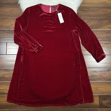 Eileen Fisher Women's Size Large Ruby Red Silk Velvet Crew Neck Shift Dress