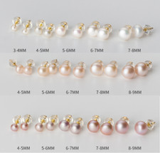 14K Gold Freshwater Cultured Pearl Button Stud Earrings 925 Sterling Silver Set