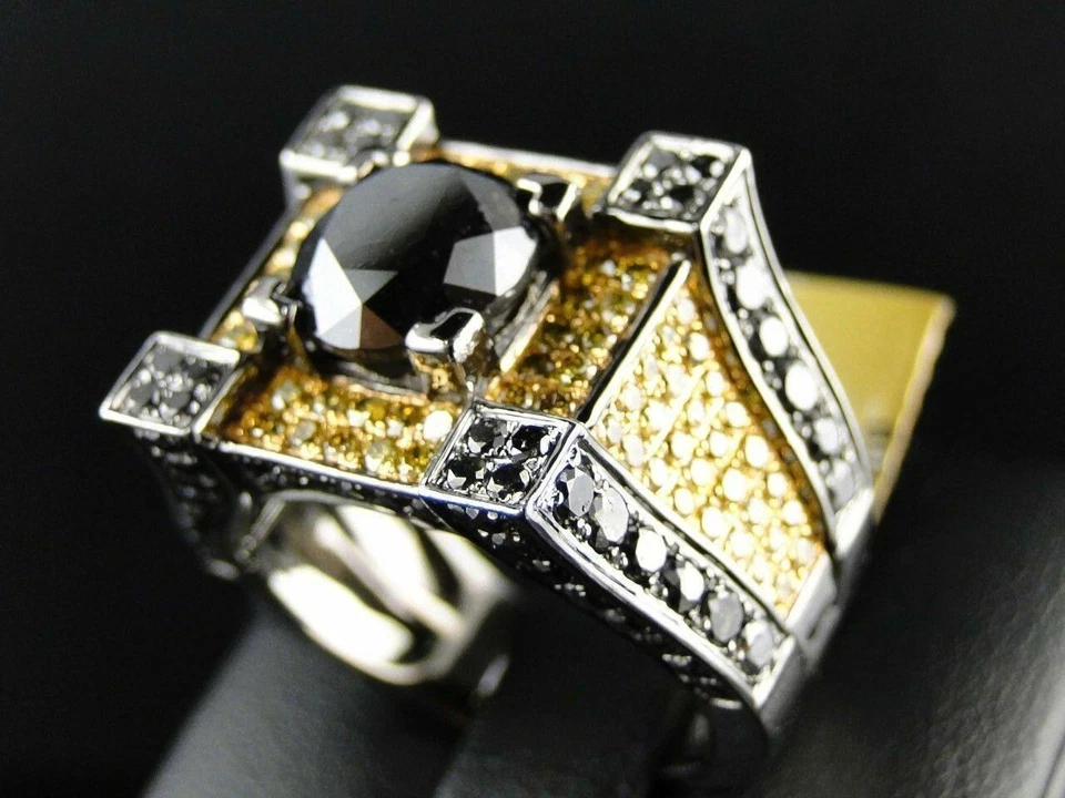 Anillo redondo de diamantes negros y citrino creado en laboratorio de 4 quilates para hombre acabado de oro amarillo de 14 k Foto 3 de 4