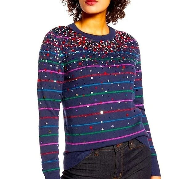 Halogen x Atlantic-Pacific Navy Blue Confetti Sequin Stripe