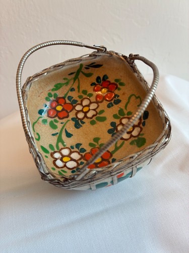 Japanese Awaji Pottery Mini Bowl Basket Woven Silver Overlay Wire Handle - Picture 2 of 5