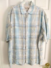 CARRIBBEAN Traveler / Hawaiian Linen Shirt Men's XL Blue Plaid  Palm Trees