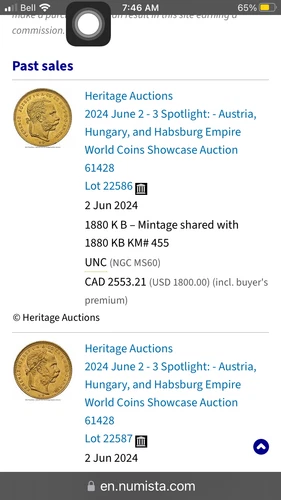 Hungary: Franz Joseph I gold 8 Forint-20 Francs 1874-KB AU53 NGC.