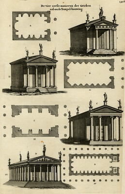 Antiker Druck-GRIECHISCHER TEMPEL-SÄULE-ARCHITEKTUR-GRIECHENLAND-P.1558-Goeree-1690
