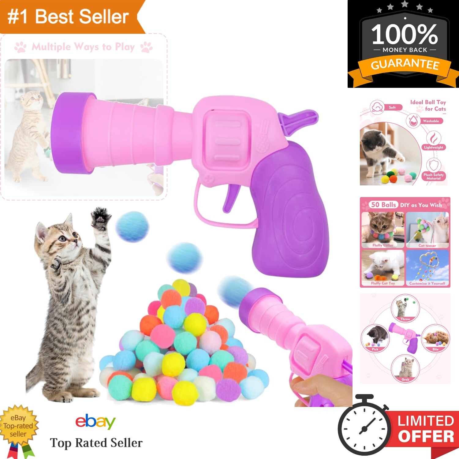 Cat Ball Launcher Toy Gun with 50 Pcs Pom Pom Balls, Cute Indoor Interactive ...