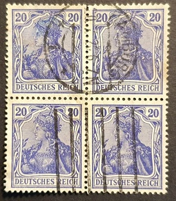 Germany Stamps 1915 Germania 20pf blue lozenges wmk SG86 block of 4 used - Image 1 of 2