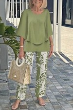 Women 2 Piece Outfit Set Summer Casual Leaf Print Top Wide Leg Pants Loose Fit L