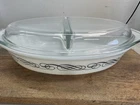 Pyrex Black Scroll Pattern Divided Serving Dish With Lid 1.5 Quart MINT Vintage