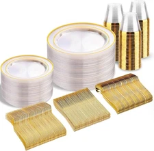 Clear Gold Plastic Disposable Dinnerware Set 300