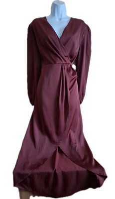 Burgunderrot Satin asymmetrischer Saum Wickel Attrappe Anlass Party Kleid Passform Größe 10