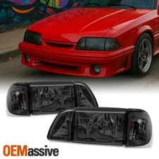 Fit 87-93 Mustang Smoke Headlights w/ Corner & Parking 6Pcs Complete Replacement