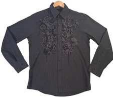 Roar Poplin Douce Shirt Men's large Brown Long Sleeve Floral Embroidered