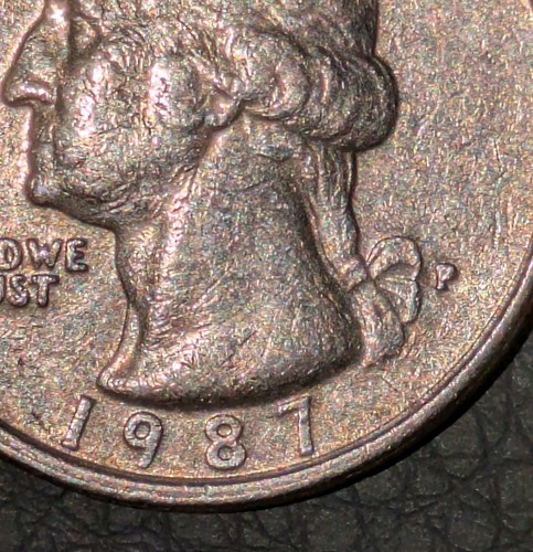 1987-P 25c Quarter Misaligned Double Struck Mint Mark Struck Through Near Mint - Picture 5 of 10
