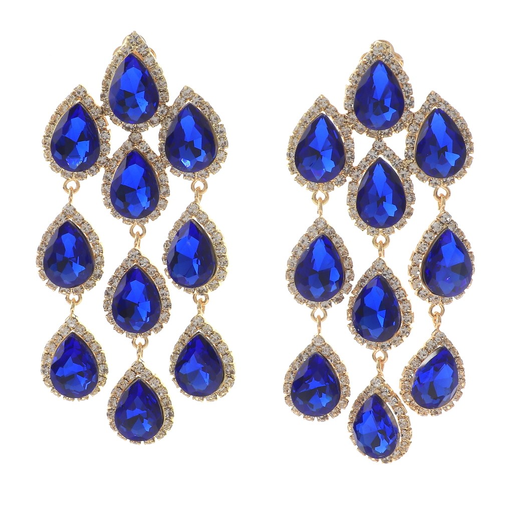 Gold Tone Metal Long Crystal Clip-On Chandelier Earrings ER2517-SAP