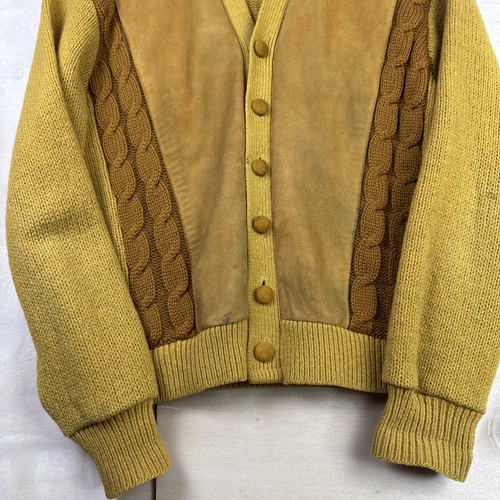 Vintage 60’s Goldenrod 2 Ply Wool Cable Knit Suede Front Cardigan Sz M WPL 7122 - Picture 7 of 11