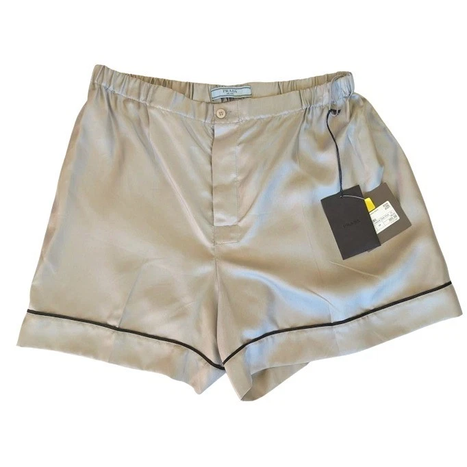 PRADA Silk Pajama Shorts Loungewear Silver Black Trim Italy NWT Size 44 US8 - Image 4 of 4