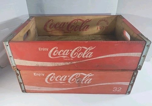 2 Vintage Coca-Cola Red Wood Bottle Crate Wooden Carrier Chattanooga 1970s Coke