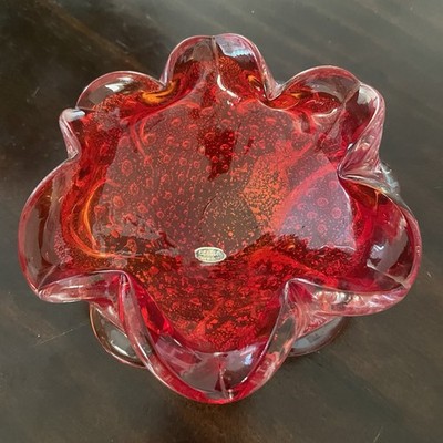 Rare Vintage Murano Glass Red Silver Flecks Art Flower Form Bowl 1960s