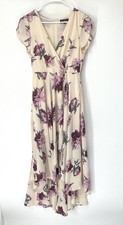 Lulu's Cream and Purple Floral Midi Dress women’s medium V Neck Flutter Sleeve