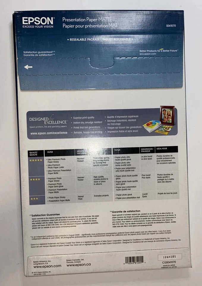 Epson Presentation Paper Matte 11"x17" 100 Sheets 4.9 mil Open Box - Unsealed - Image 2 of 2
