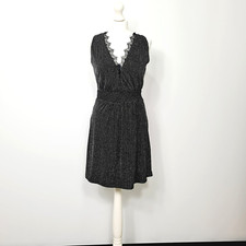 19 Cooper Womens A-Line Metallic Lace Trim V-Neck Black Dress Size XS NEW