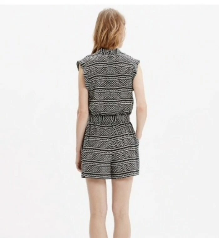 Madewell 100% Silk Kimono Romper in Tidalwave Print Size Small S Black White - Image 2 of 4