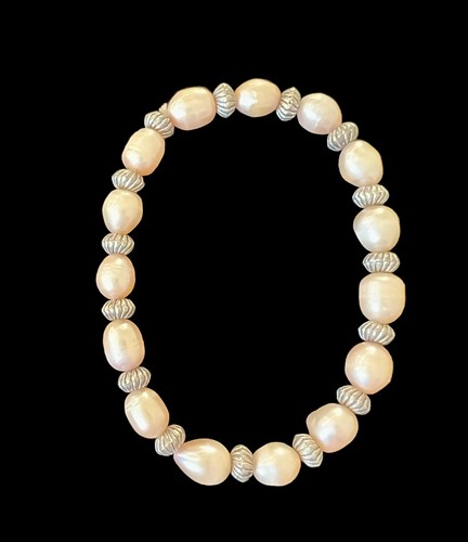 Vintage Freshwater Pearl Pink Pearls Silver Beads Stretch Bracelet - Picture 4 of 4