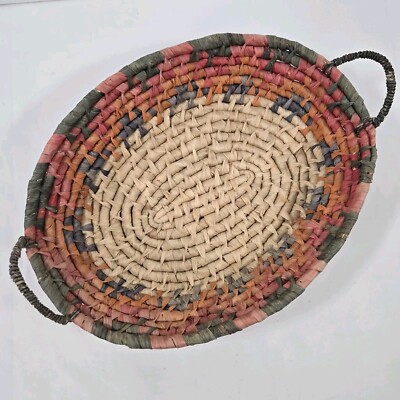 Woven Basket Tray Southwestern Colors Flat Bottom Oval Shape Handles