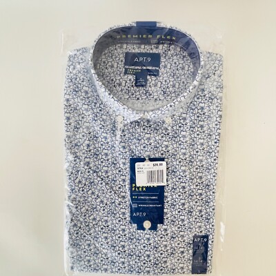 NWT APT.9 Men's Blue Floral Short-Sleeve Premier Flex Dress Shirt 14-14.5  Small | eBay