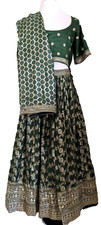 3PC Pakistani Indian Designer Couture PARTY DRESS - Green Gold - Skirt Top Scarf
