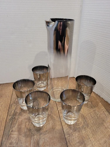 Vtg MCM Silver Fade Cocktail Martini Pitcher 5 Glasses Set
